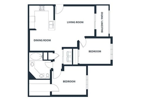 Floor plan for 2 beds, 1 bath, 925 sqft